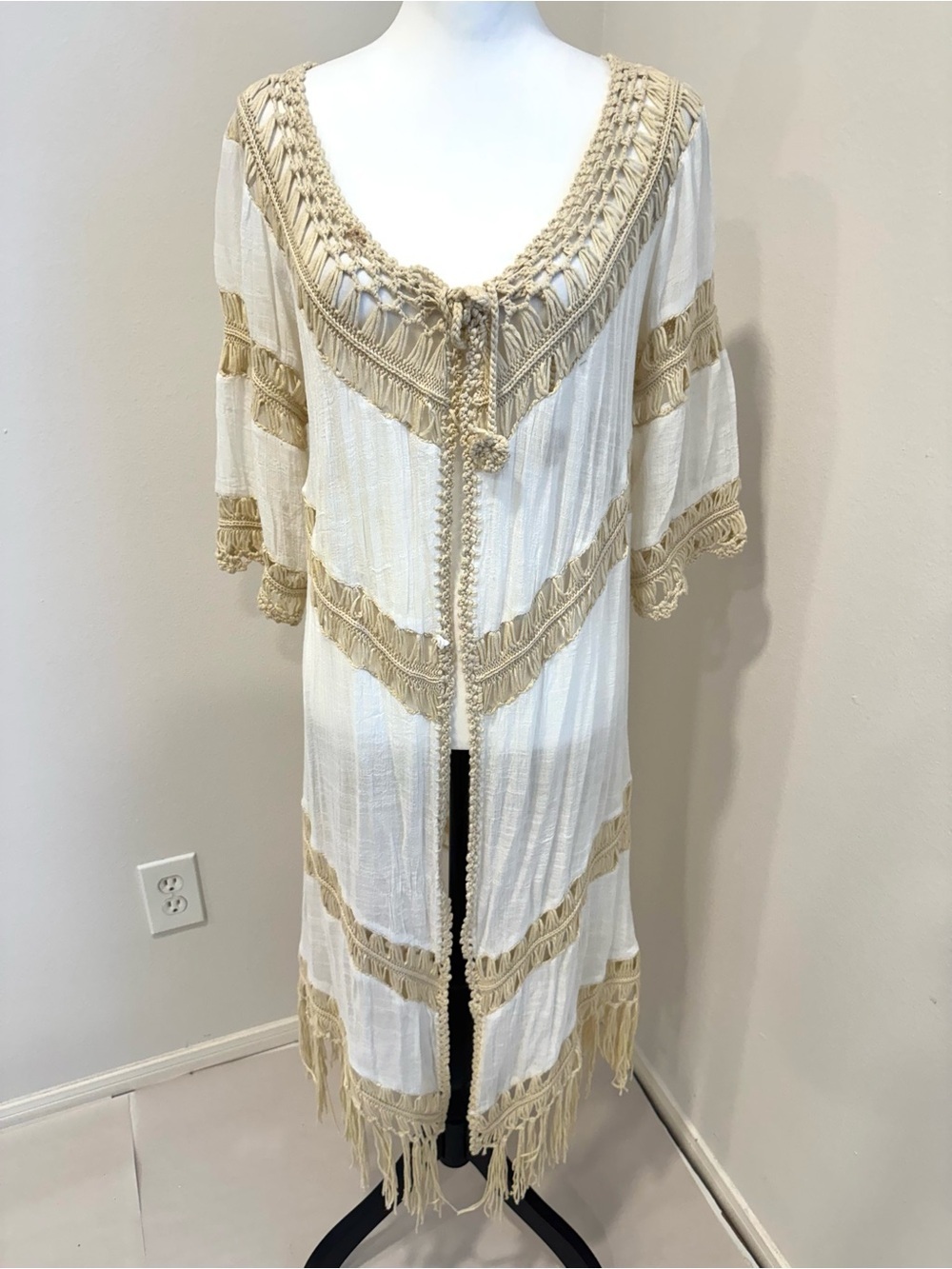 Dreamers Boho Crochet Fringe Longline Duster Cardigan Kimono Festival Beach M - Picture 2 of 9
